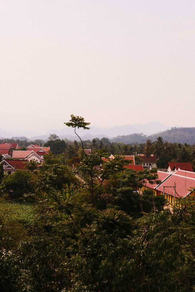 Panoramic view of Luang Prabang from Belmond La Résidence Phou Vao with distant mountains