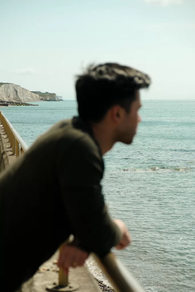 Guest overlooking the English Channel and chalk cliffs near The White Horses hotel